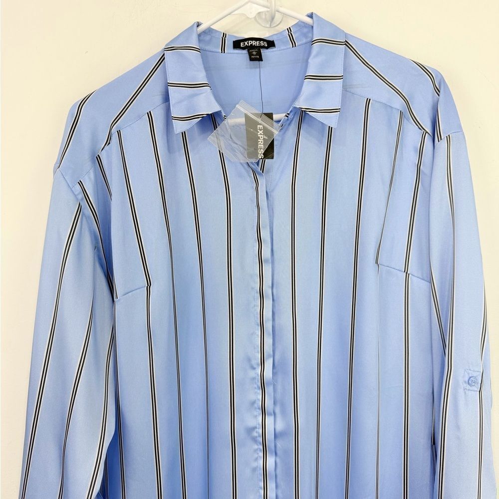 Express Light Blue Black Vertical Stripe Tab Sleeve Collared Shirt Dress NEW - Picture 2 of 15